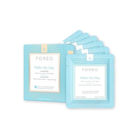 FOREO Make My Day aktywowana przez UFO maska na twarz przeciw suchej, odwodnionej skórze, nawilżająca, kwas hialuronowy i czerwonych alg, nie testowana na zwierzętach, kompatybilna ze wszystkimi urządzeniami UFO, 6 g (7 sztuk)