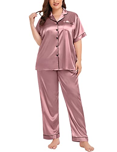 Image of SWOMOG Women's Plus Size Pajamas Silk Satin Pajama Set Short Sleeve Shirt with Full-Length Pants Pjs Sleepwear Set 18W-26W