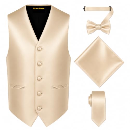 Image of Oliver George 4pc Men's Solid Formal Suit Waistcoat Tuxedo Dress Vest Necktie Bowtie Handkerchief Set for Suit or Tuxedo