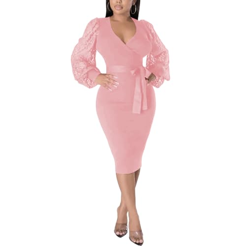 Image of BOGURST Semi Formal Church Dresses for Women Bishop Sleeve Sexy V Neck Bodycon Midi Dresses