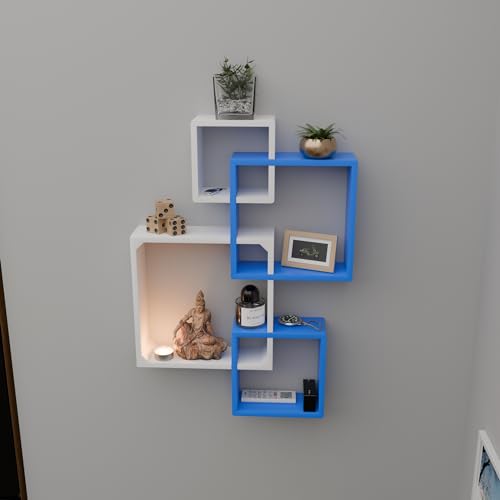 Image of ETIQUETTE ART Floating Cube Shelves - Intersecting Wall Mounted Shelves - Wall Decor Square Shelves for Bedrooms, Living Rooms & More - Set of 4 Box Shelves (Blue & White)