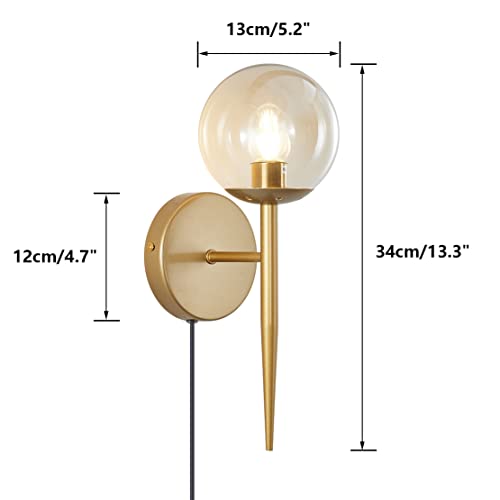 Image of BOKT Vintage Brushed Gold Plug in Cord Wall Sconce Set of Two Mid Century Modern Globe Wall Sconce Lighting Plug in Set of 2 Vanity Bathroom Bedroom Bar Wall Lamp Plug in (Amber)