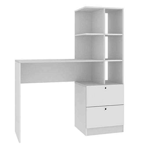 Escrivaninha BRV Móveis BC72 Home Office com Estante e 2 Gavetas - - Mesa Compacta com Nicho Vertical para Livros - Branco