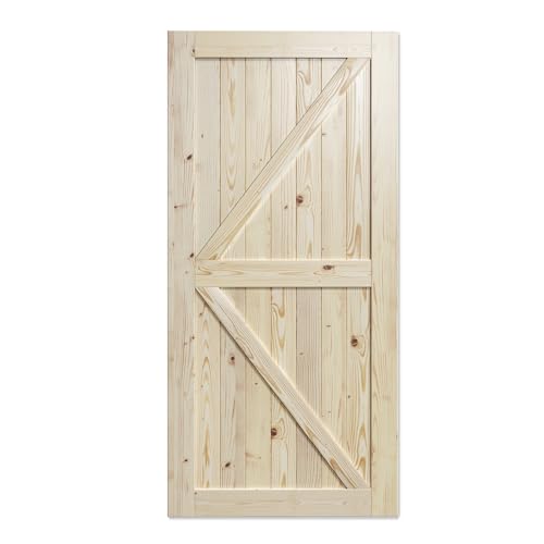 SmartStandard 42in x 84in Sliding Barn Wood Door Pre-Drilled Ready to Assemble DIY Unfinished Solid Spruce Wood Panelled Slab Interior Single Door Only Natural K-Frame (Fit 7FT - 8FT Rail)