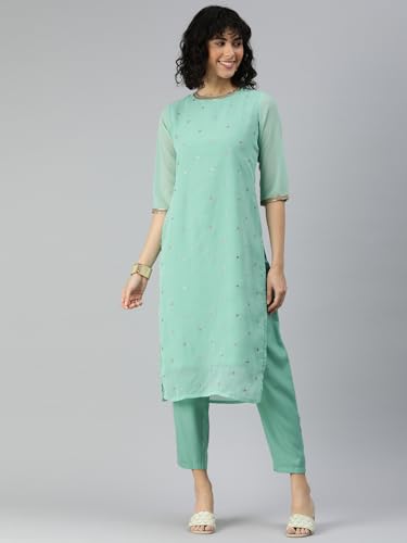 Image of Saanjh Women's Faux Georgette Embellished Printed Straight Kurta with Bottom||Kurta Set
