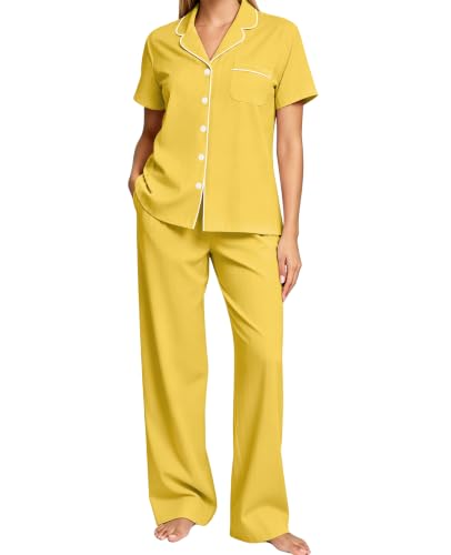 Image of SWOMOG Women Pajama Sets Two-Piece Nightwear Short Sleeve Sleepwear Button Down Pj Lounge Sets with Long Pants