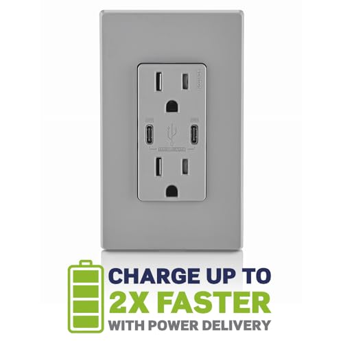 Image of Leviton 30W (6A) USB Dual Type-C /C Power Delivery In-Wall Charger with 15A Tamper-Resistant Outlet, USB Charger for Smartphones, Tablets, Laptops, T5635-G, Gray