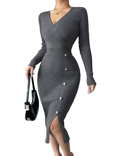 Midi Abito con Scollo a V Maniche Lunghe a Vita Alta