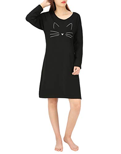 HDE Womens Sleepwear Cotton Nightgowns Long Sleeve Sleepshirt Print Night Shirt (Cute Cat, L/XL)