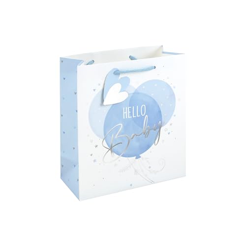 Eurowrap Hello Baby Medium Gift Bag Blue Balloon Baby Boy Present Bag with Foil Finish White Kraft Paper & Paper Woven Handles Baby Shower & Christening Gift Packaging