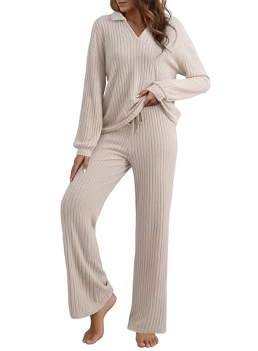 EVALESS Womens Pajama Sets Long Sleeve Sleepwear Matching Drawstring Elastic