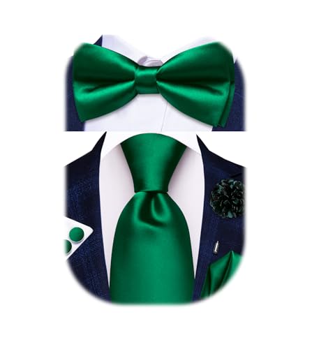 Image of Hi-Tie 5Pcs Mens Solid Color Silk Tie Satin Pretied Bowtie Lapel Pin for Men Handkerchief Cufflink Wedding Gift Box