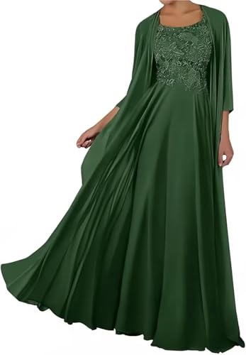 2 Piece Mother of The Bride Dresses with Jacket Long Chiffon Lace Mother of Groom Dresses for Wedding 3/4 Sleeve