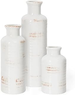Belle Vous White Ceramic Vase Set (3 Pack) - Modern Farmhouse Decorative Vases, 3 Sizes - Rustic Home Decor Ideal for Pampas Grass & Flowers - Bookshelf, Mantle, Table, Entryway & Living Room Decor