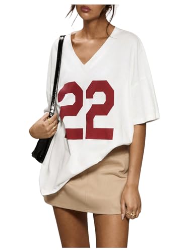 SOLY HUX 2024 Jersey Shirts for Women Number Graphic T Shirt V Neck Half Sleeve Oversized Tees Summer Streetwear Tops White Letter Small