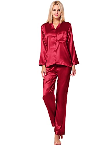 Image of SWOMOG Long Sleeve Pajamas Set Silk Satin Sleepwear Button Down Pjs Loungewear with Pocket