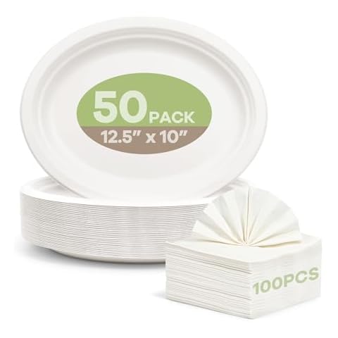 FEHHTO 100% Compostable 12.5Inch 50Pack Oval Paper Plates with 13inch 100Pack Disposable Napkins, Heavy Duty Bagasse Platters Eco-Friendly Biodegradable Sugarcane Plates Napkins for BBQ, Party, Picnic Cover