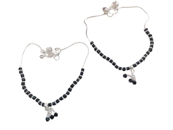 Traditional Black Beaded Nazariya Anklet Pair with Silver-Plated Chain, Evil Eye Protection Payal for Women-image-49