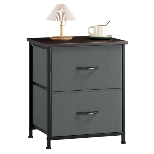 Somdot Nightstand with 2 Drawers, Bedside Table Small Dresser with Removable Fabric Bins for Bedroom Nursery Closet Living Room - Sturdy Steel Frame, Wood Top, Pull Handle - Charcoal Grey/Dark Walnut