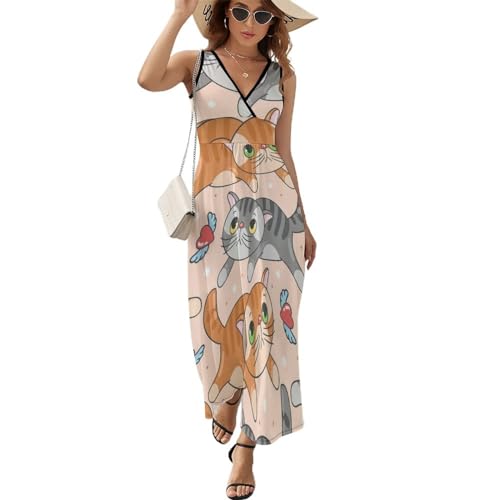 Robe longue d'été sans manches motif chat gris orange pour femme