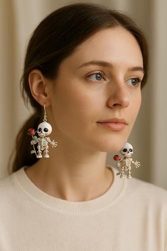 Halloween Skeleton Earrings for Women – Cute Spooky Skull Dangle Earrings with Red Rose, Gothic Creepy Cute Acrylic Statement Jewelry3