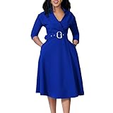 Elainone Women’s 3/4 Sleeve Flared A Line Dress Wedding Guest Casual Semi Formal Office Lady Dresses with Belt Blue 3XL