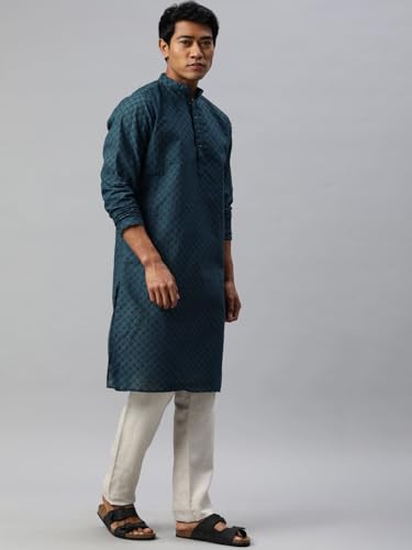 Image of Majestic Man Men's Cotton Blend Regular Fit Casual Polyester Mandarin Collar Ethnic Motifs Embroidered Long Regular Kurta