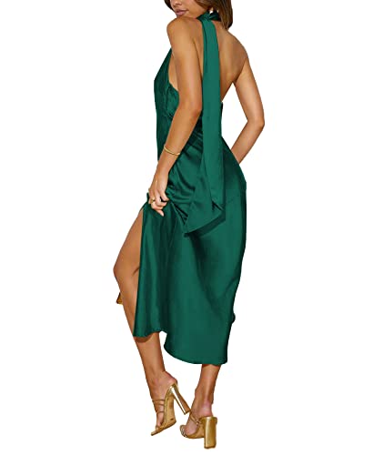 Sexyshine Women\'s Elegant Halter Tie Neck Sleeveless Satin Long Dress Backless Split Cocktail Party Formal Wedding Maxi Dress(4572DN,S) Dark Green