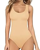MANGOPOP Women's Tank Top Bodysuit Scoop Neck Sleeveless Body suit Sexy Backless Ribbed Tops Nude Large