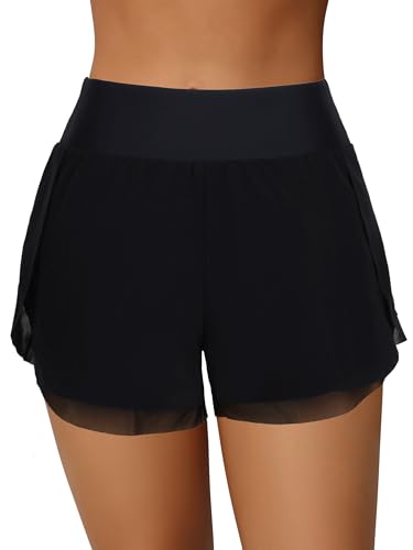 Image of ATTRACO Women's 3 inch High Waisted Swim Board Shorts Pleated Summer Beach Shorts with Pockets