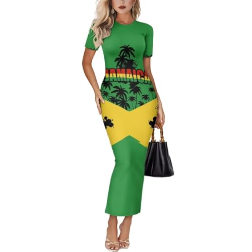 Image of Womens Short Sleeve Jamaican Flag Midi Bodycon Dress | Soft stretchy fabric,crew neck,jamaican print casual date night cocktail party, elegant chic, spring summer fall all season
