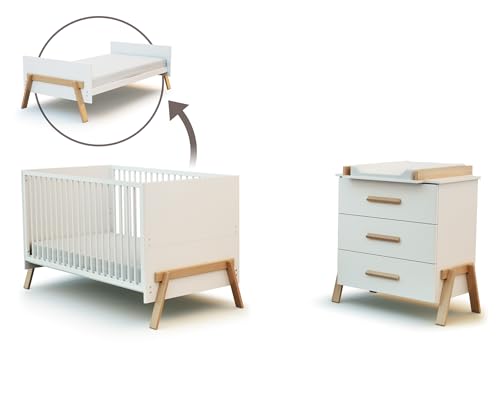 AT4 - Cuna bebé y cómoda cambiador 3 cajones CANAILLE madera - Blanco/Haya - 70 x 140