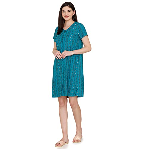 Image of Zivame Zellij Dreams Woven Knee Length Nightdress for Women - Lake Blue