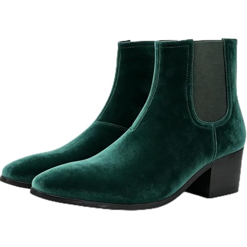 Image of Men'S Classic Leather Chunky Heel Chelsea Boots With Side Zipper Fashion Pointed Toe Elastic Band High Top Block High Heel Formal Chukka Booties For Casual Business Party Wedding