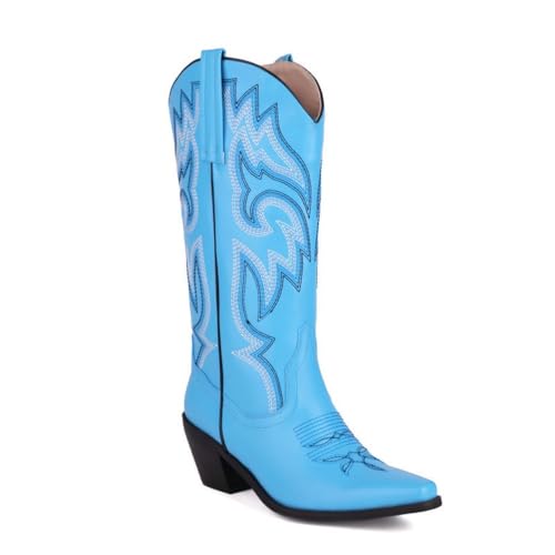 Cowboy Boots for Women Mid Calf Western Boots Embroidery Cowgirl Pull-On Pointy Toe & Wide - Neutral Retro Causal Comfortable Walking Lightweight Running Standing All Day Birthday Gifts Plus Size