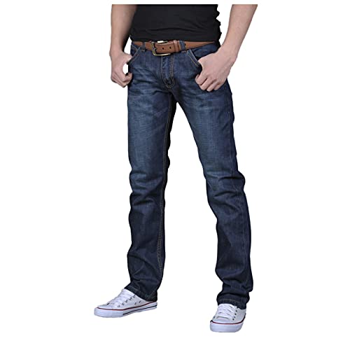D-Rings Vaqueros para hombre Four Seasons Casual Business Liso, rectos, pantalones vaqueros para hombre, corte regular ajustado, color negro y azul, 02-azul, XXXL Cover