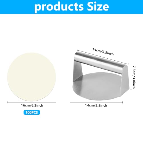 Burger Smasher, für Smash Burgerpresse, 14cm Round Edelstahl Hamburgerpresse, Patty Presse Burger Presse, Burger Pattie Presse für Flat Top Grillzubehör Burger Patties Steakpresse, mit 100 Ölpapier