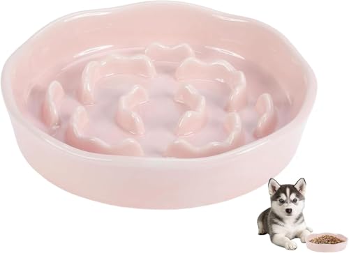 Pet Feeding Bowls Ceramic Slow Feeder Dog Bowl - Heavy Weighted Blue Bloom Food Dish for Small to Medium Dogs - Non-Slip Microwave & Dishwasher Safe Pottery Maze to Fast Eating (Pink)