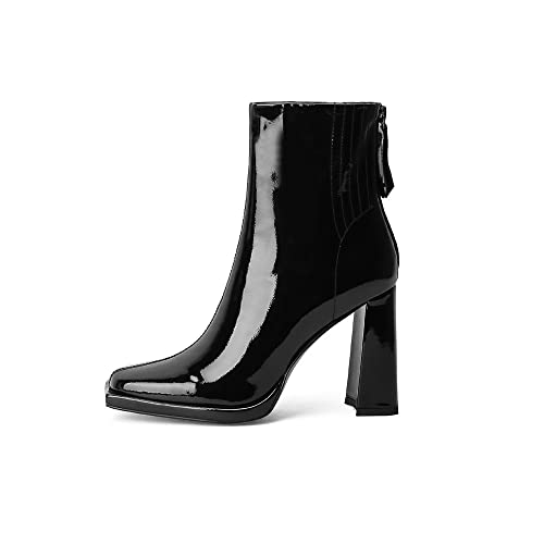 TinaCus Botas femininas de cano curto com zíper traseiro de couro envernizado bico quadrado salto al
