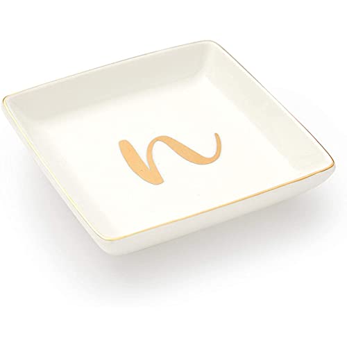 Letter N Ceramic Trinket Tray, Monogram Initials Jewelry Dish (4 x 4 Inches)