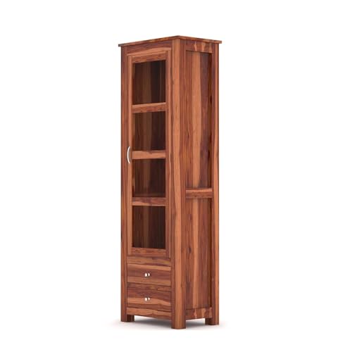 Image of Wood Book Shelf with Glass Door, Wooden Book Rack for Home Library, Kitchen Crockery Cabinet, Wooden Almirah, Bookcases, Book Shelf Storage 2 Drawers, Home Furniture, Honey Finish