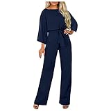Mono de manga larga para mujer, holgado, con cinturón, pierna ancha, elegante, casual, de negocios, de una pieza, para oficina, uso diario, azul, S