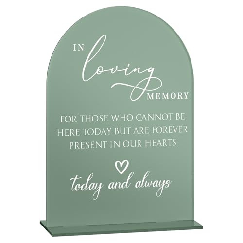 Junkin in Loving Memory Wedding Sign with Stand 5 x 7 Sage Green Acrylic Memorial Table Sign Modern Arch Calligraphy White Lettering Design for Wedding Reception Funeral or Celebration