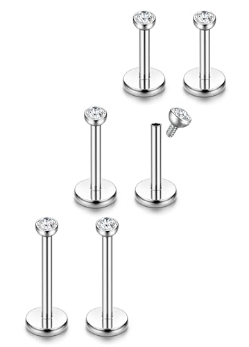 ORAZIO 14K Gold Flat Back Stud Earrings, 16G/18G 316L Surgical Steel Internal Thread CZ Studs Hypoallergenic Conch Cartilage Helix Tragus Piercing Jewelry Lip Labret Medusa Nose Studs for Women Men