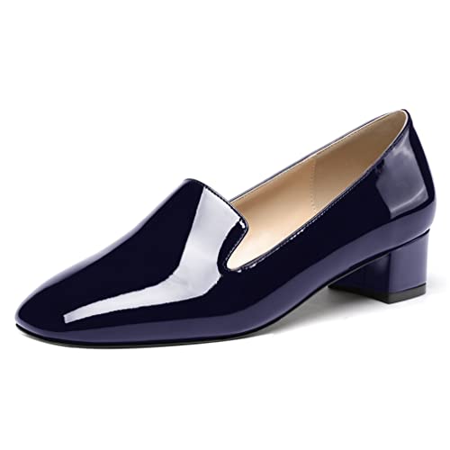 WAYDERNS Women's Patent Square Toe Slip On Mules Chunky Low Heel Pumps Shoes 1.5 Inch