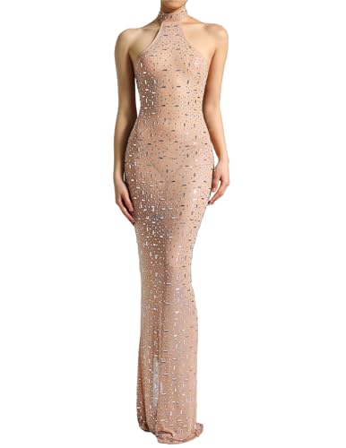 Amazon.com: Beige Mesh Dress Halter Rhinestone Dress Sleeveless Sheer Dress  Sparkle Cocktail Dress Charming Beach Dress Maxi Party Dress Slit Birthday  Dress : Clothing, Shoes & Jewelry