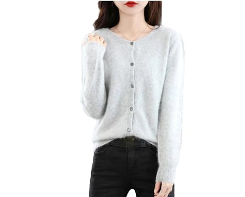 Cárdigan de manga larga para mujer, cálido, de cachemira, de visón, cuello redondo, holgado, color liso, cárdigan de punto, gris, S