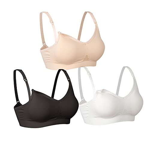 Lemef Sujetadores de Lactancia para Mujer, Sujetadores de Maternidad para Lactancia Materna para Dormir Todos los días, Paquete de 3, Negro, Beige, Blanco, L