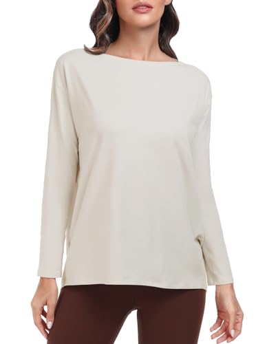 HeyNuts Women's Pima Cotton Long Sleeve Workout Shirts Boat Neck Athletic Loose Fit Soft Tops Fall Casual Shirts2