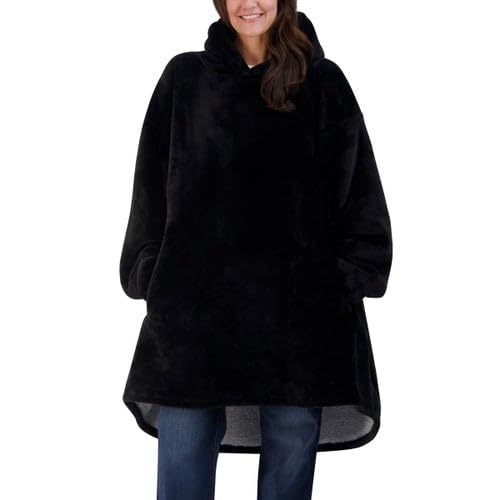 Oversized Fleece Hoodie Blanket, Unisex, Available in Black and Camo Pattern (Black)